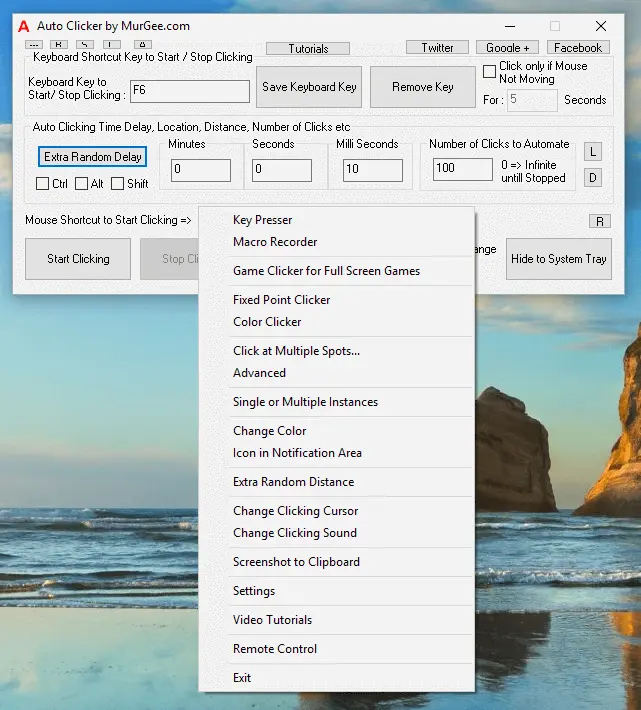 Right Click Menu offering Advanced Automated Mouse Clicking Features