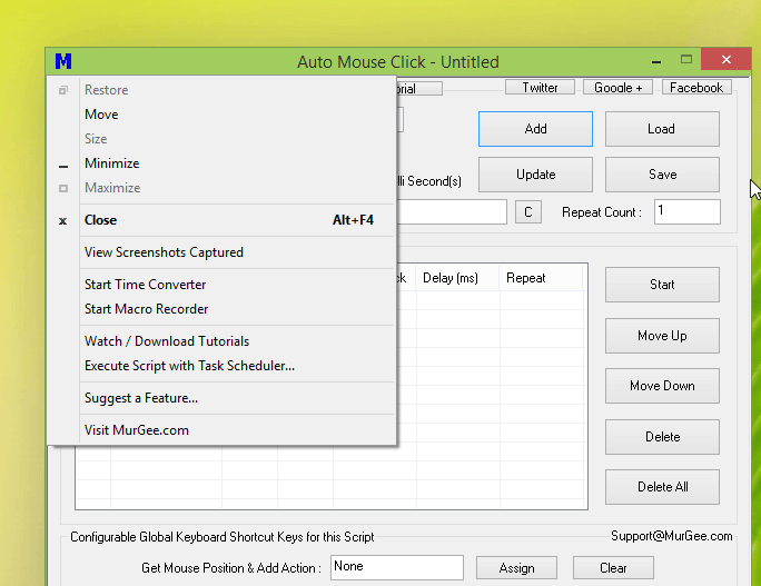 Auto Mouse Click System Menu offering Macro Recorder, Time Converter, etc