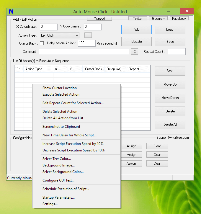 Right Click Menu of Auto Mouse Click captured on Windows 10