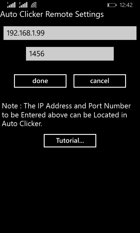 Settings of Auto Clicker Remote on Windows Phone