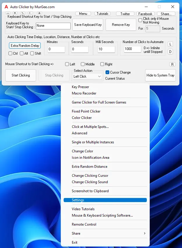 Auto Clicker Right Click Menu offering lots of Automated Mouse Clicking features