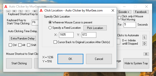 Automate Mouse Clicking at Fixed Screen Location or at Current Mouse Cursor Location